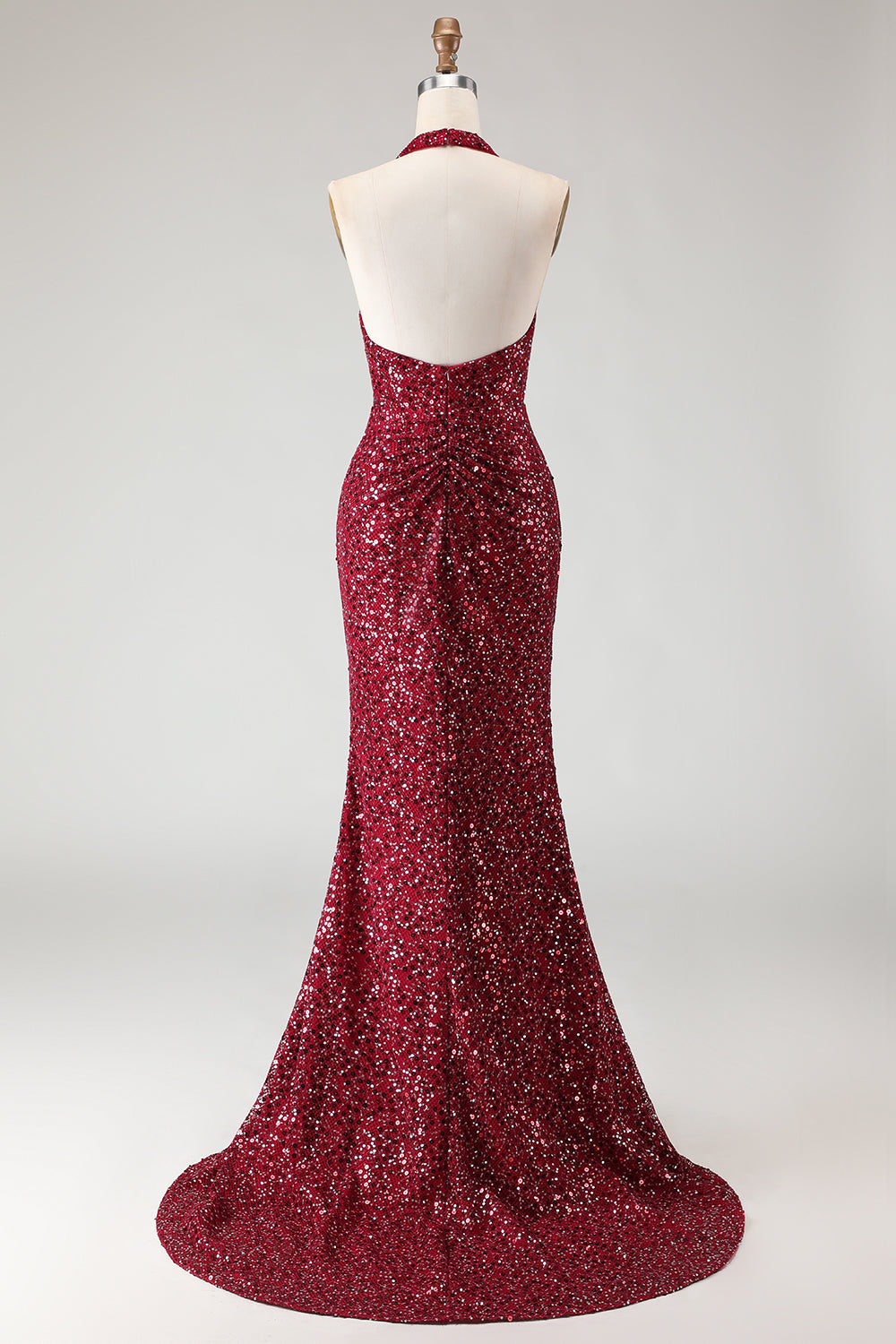 Sparkly Burgundy Halter Mermaid Prom Dress With Slit - Image 2