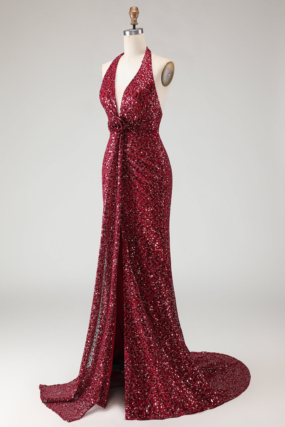 Sparkly Burgundy Halter Mermaid Prom Dress With Slit - Image 7