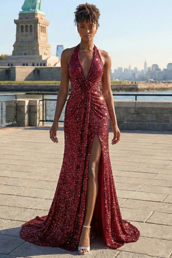 Sparkly Burgundy Halter Mermaid Prom Dress With Slit - Image 3