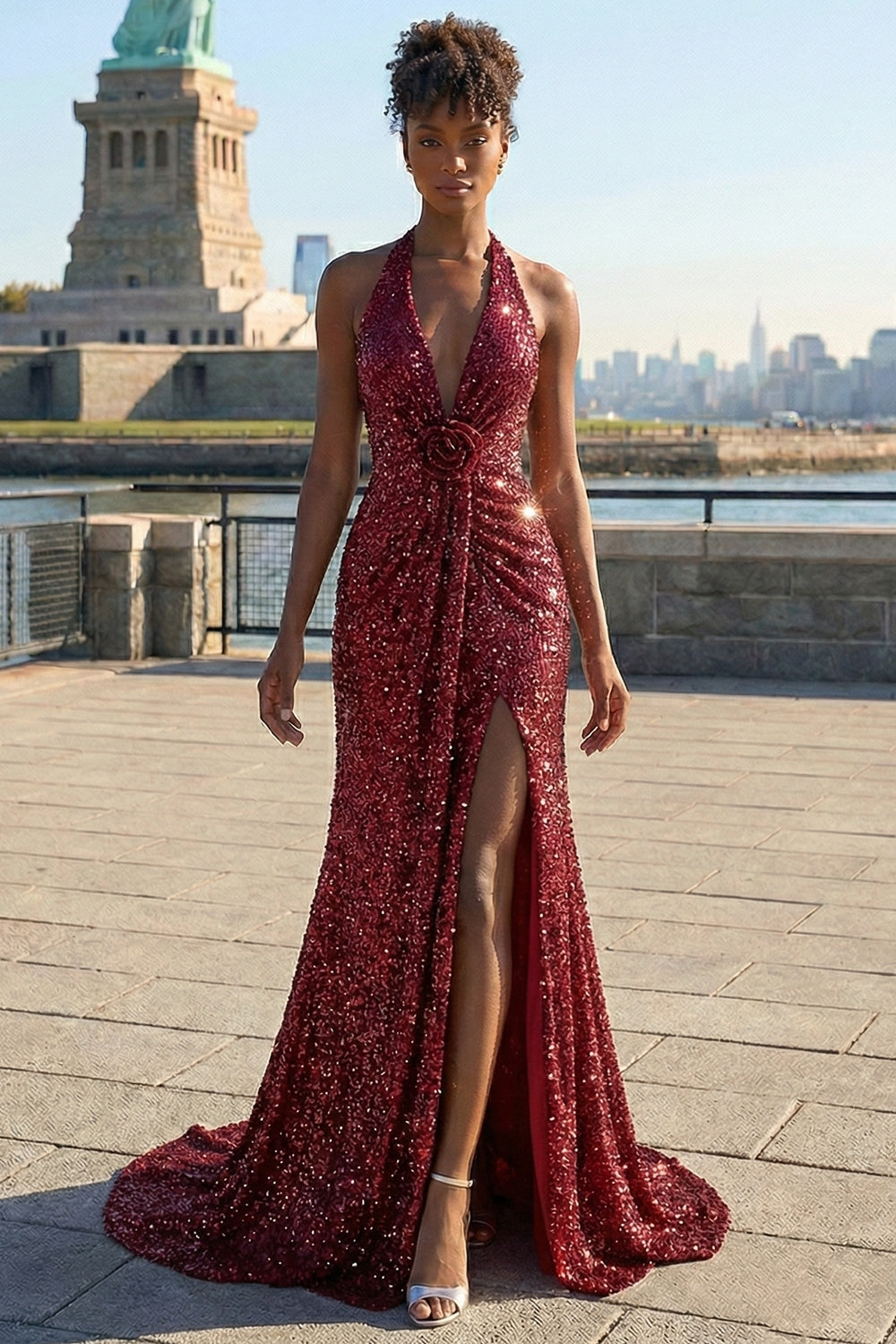 Sparkly Burgundy Halter Mermaid Prom Dress With Slit - Image 3