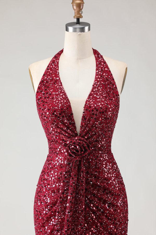 Sparkly Burgundy Halter Mermaid Prom Dress With Slit - Image 8