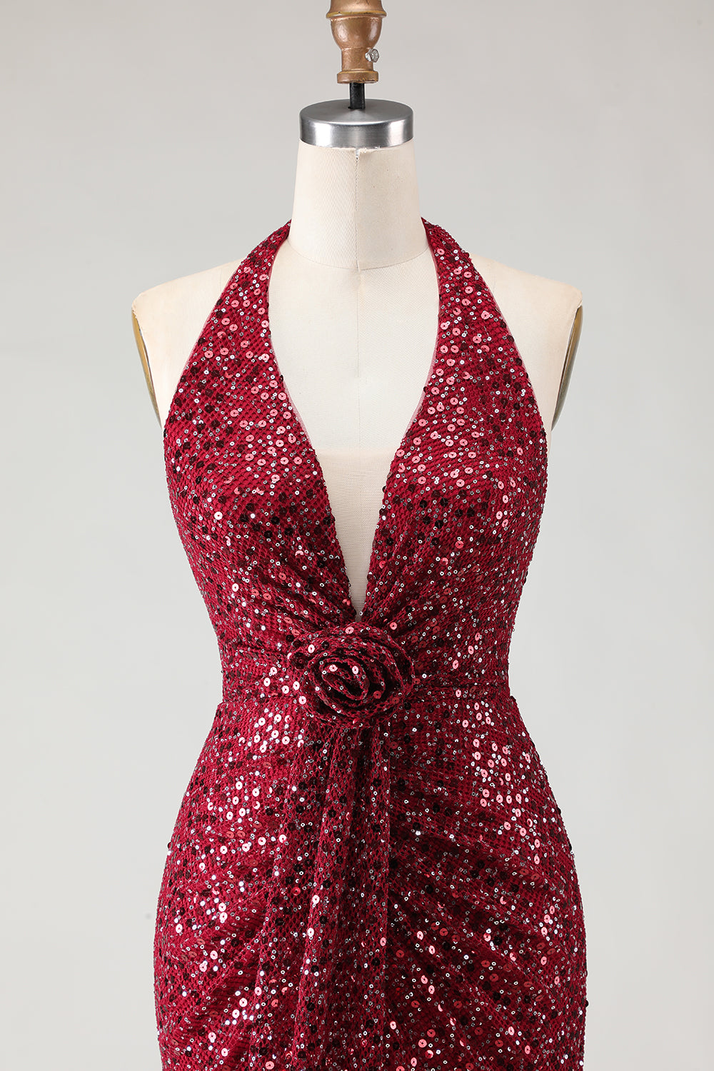Sparkly Burgundy Halter Mermaid Prom Dress With Slit - Image 8