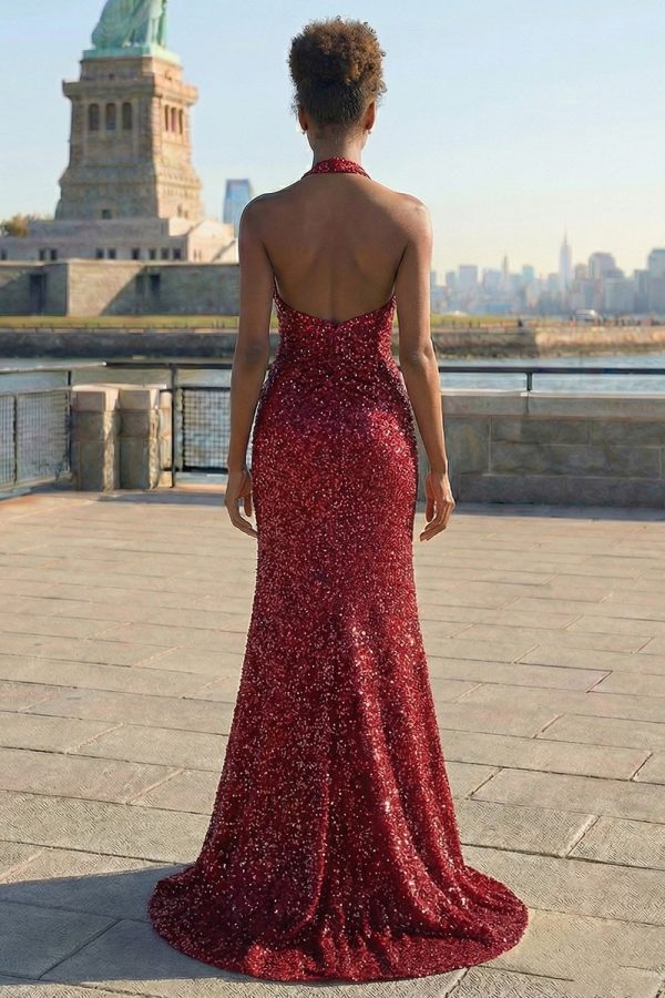 Sparkly Burgundy Halter Mermaid Prom Dress With Slit - Image 4