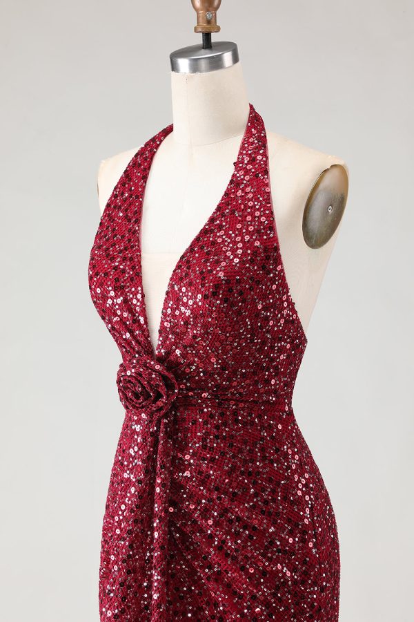 Sparkly Burgundy Halter Mermaid Prom Dress With Slit - Image 10
