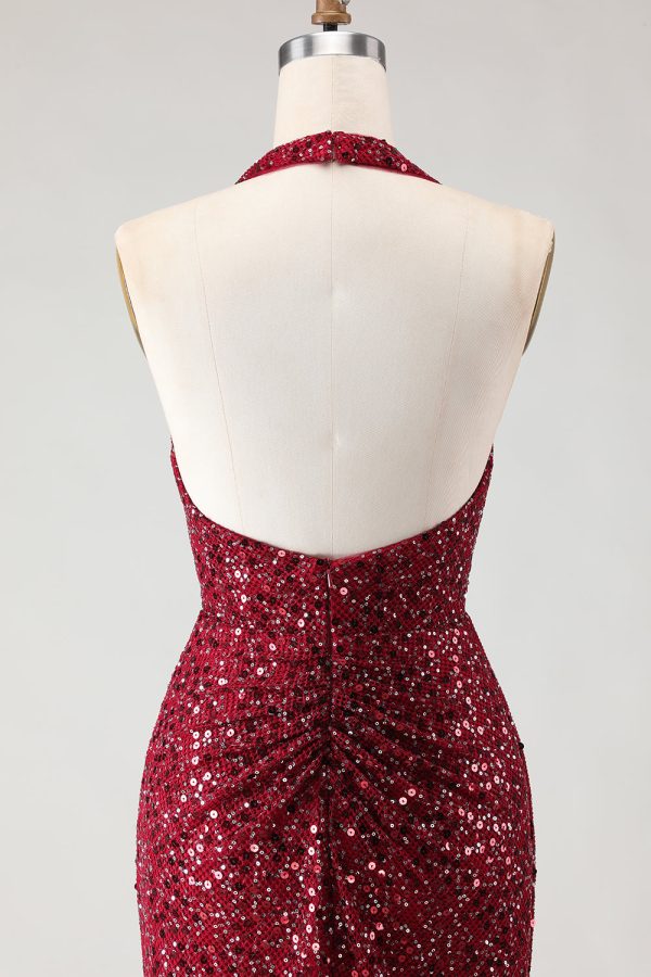 Sparkly Burgundy Halter Mermaid Prom Dress With Slit - Image 9