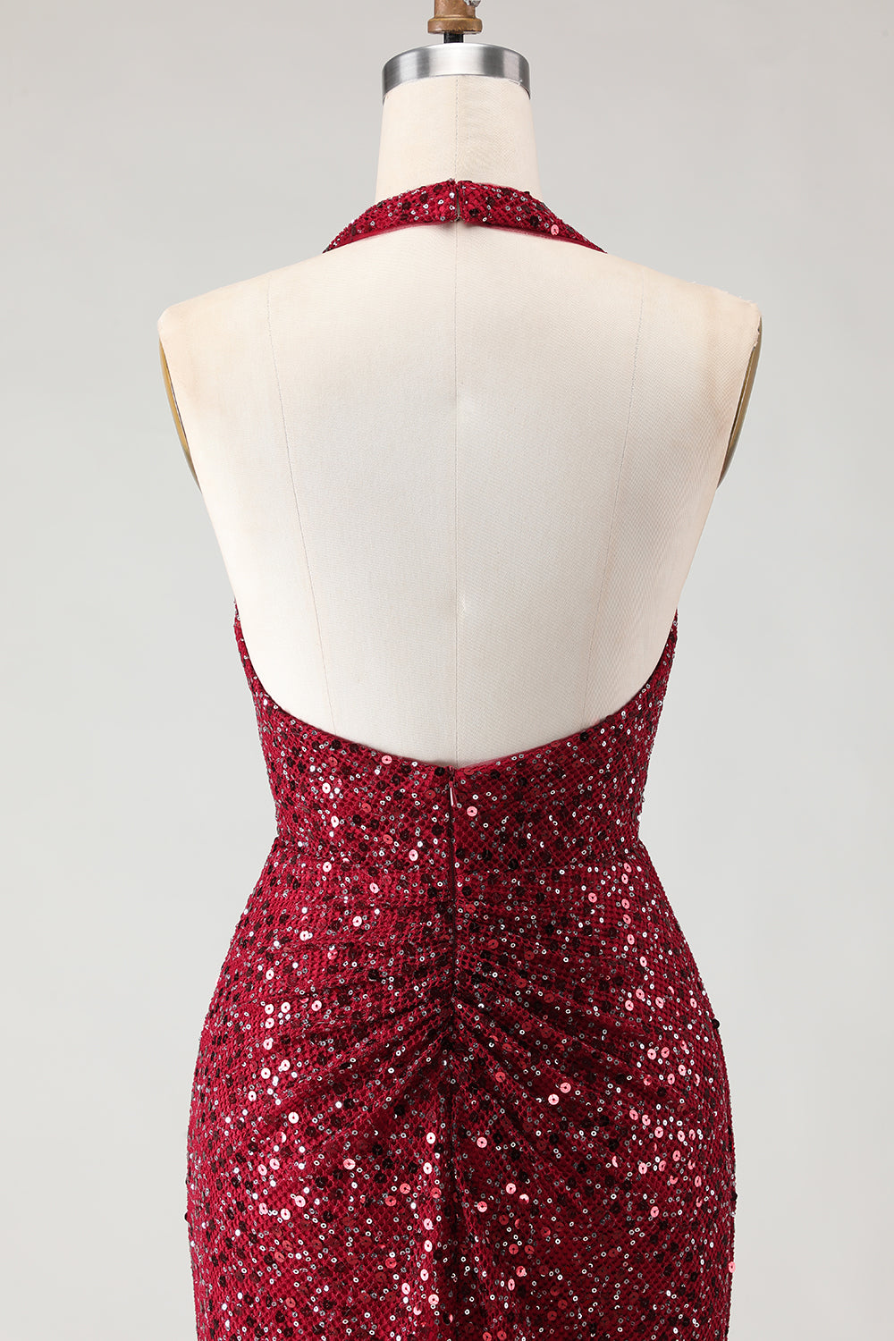 Sparkly Burgundy Halter Mermaid Prom Dress With Slit - Image 9