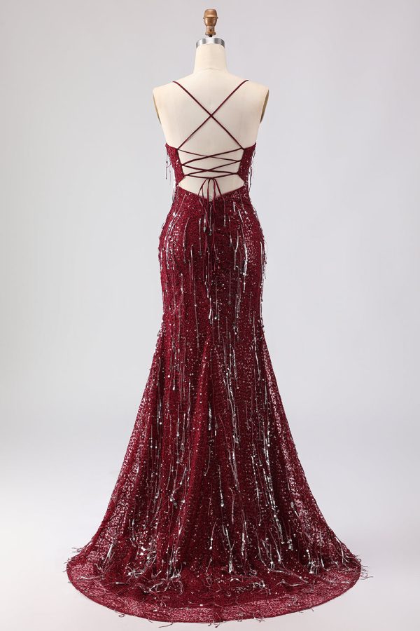 Sparkly Burgundy Mermaid Maxi Prom Dress - Image 2