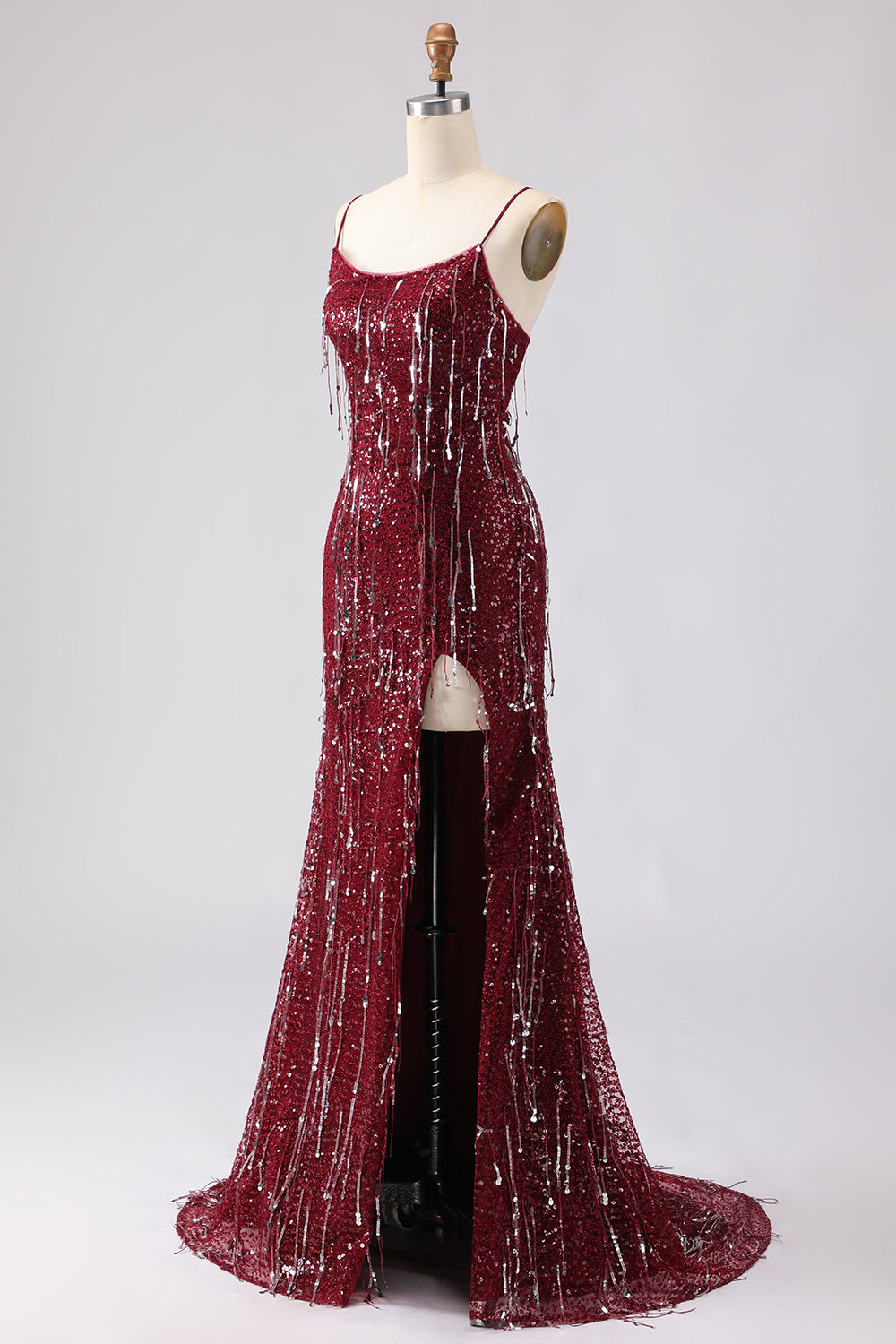 Sparkly Burgundy Mermaid Maxi Prom Dress - Image 3