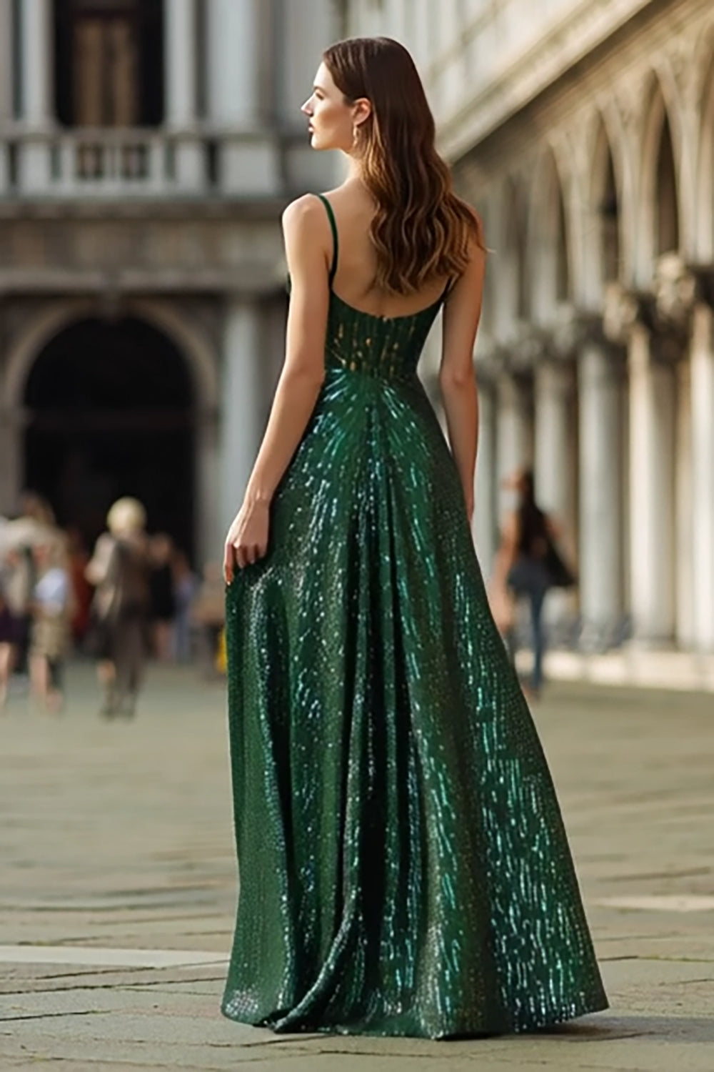 Sparkly Dark Green A-Line Spaghetti Straps Maxi Prom Dress - Image 2