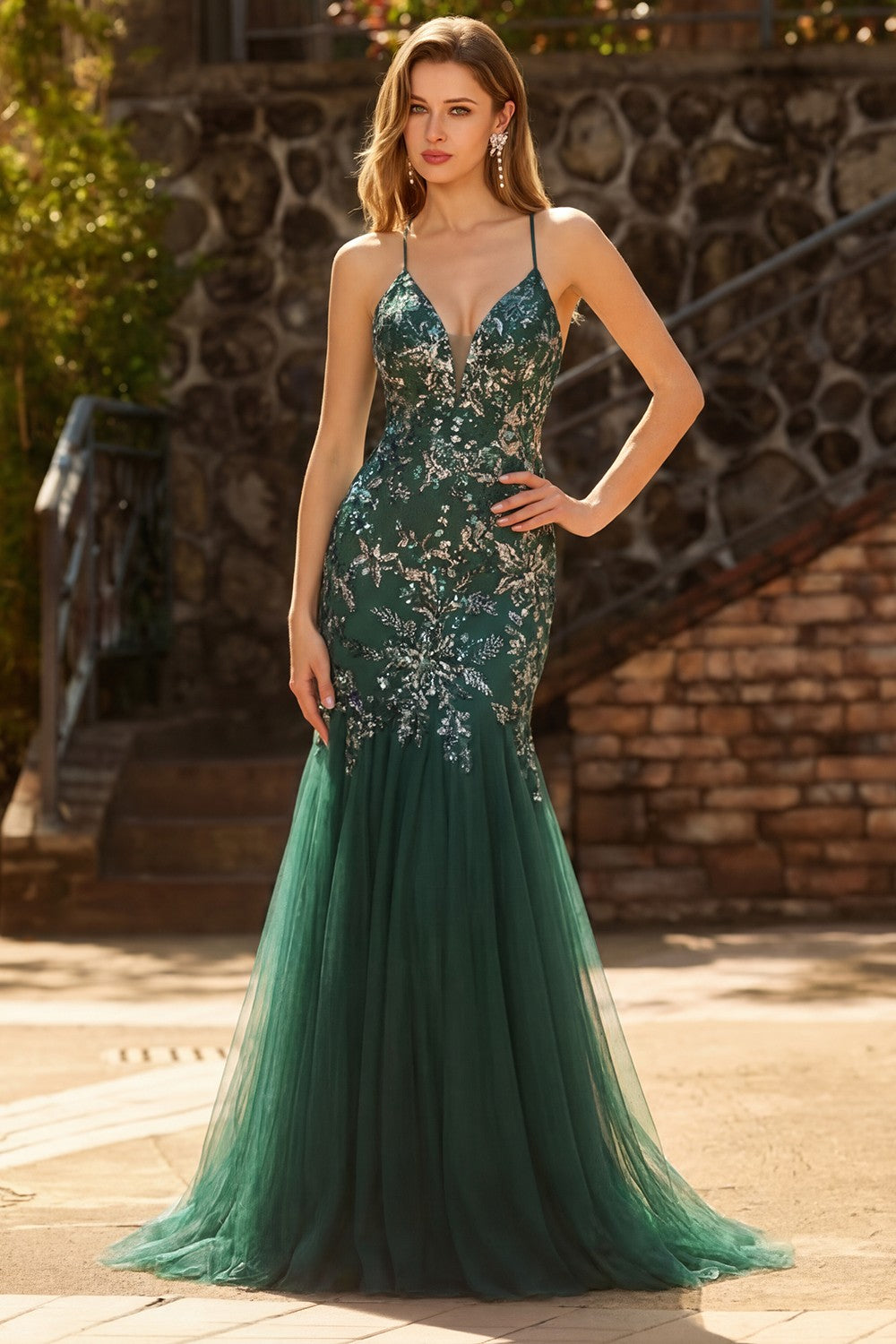 Sparkly Dark Green Mermaid Appliqued Maxi Prom Dress - Image 1