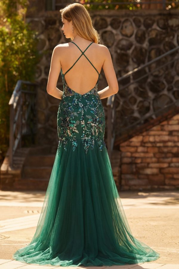 Sparkly Dark Green Mermaid Appliqued Maxi Prom Dress - Image 2