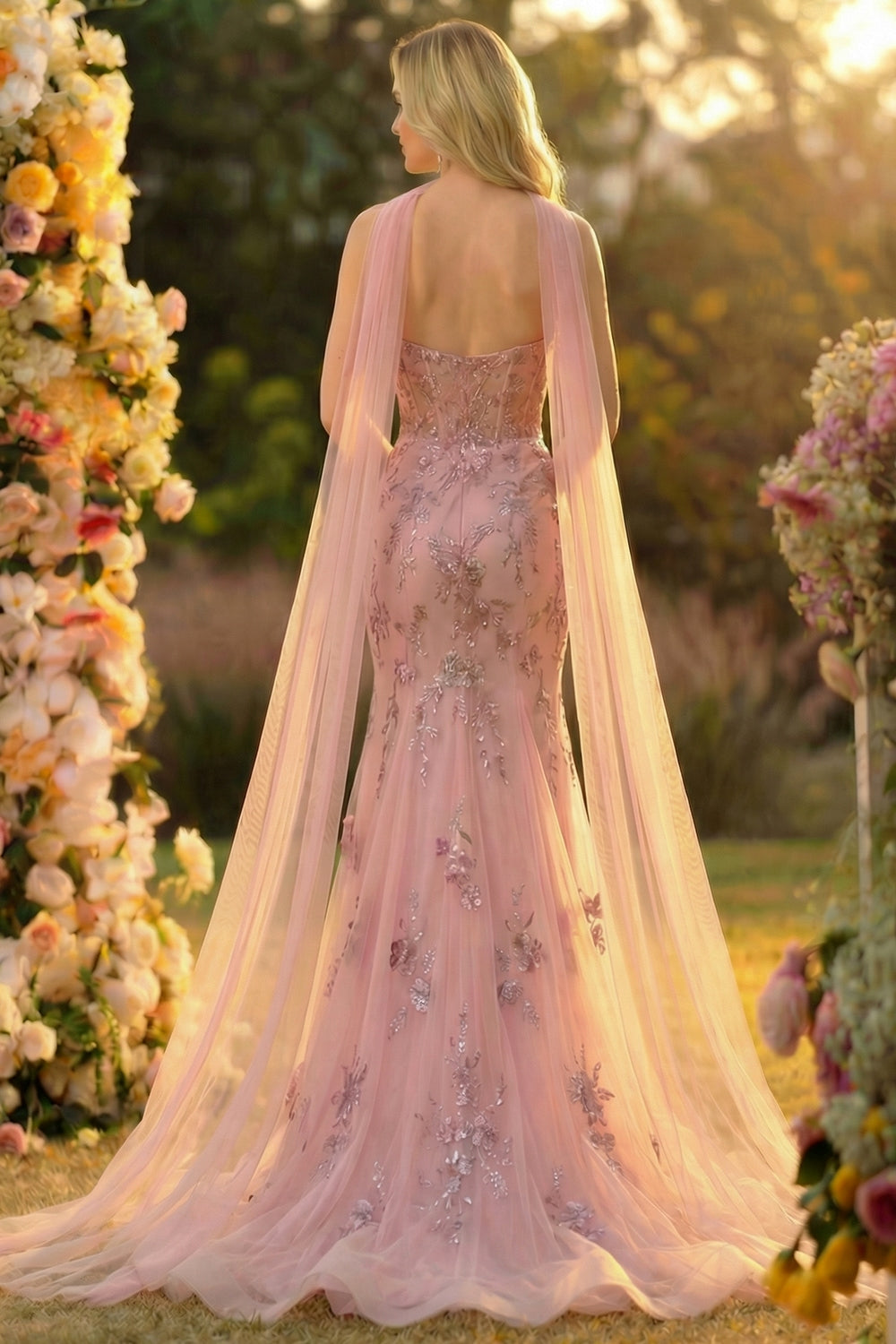 Sparkly Blush Mermaid Tulle Prom Dress with Appliques - Image 2