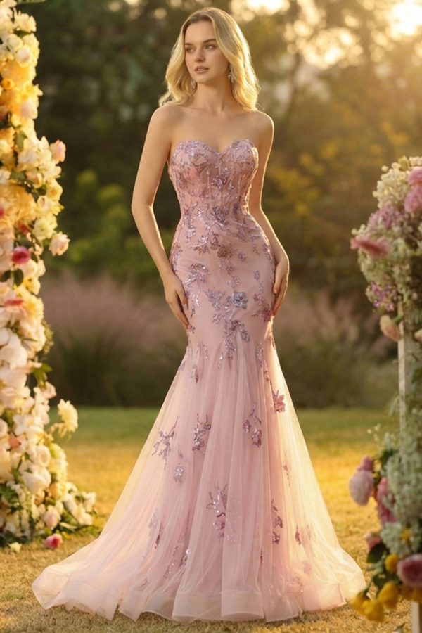Sparkly Blush Mermaid Tulle Prom Dress with Appliques - Image 3