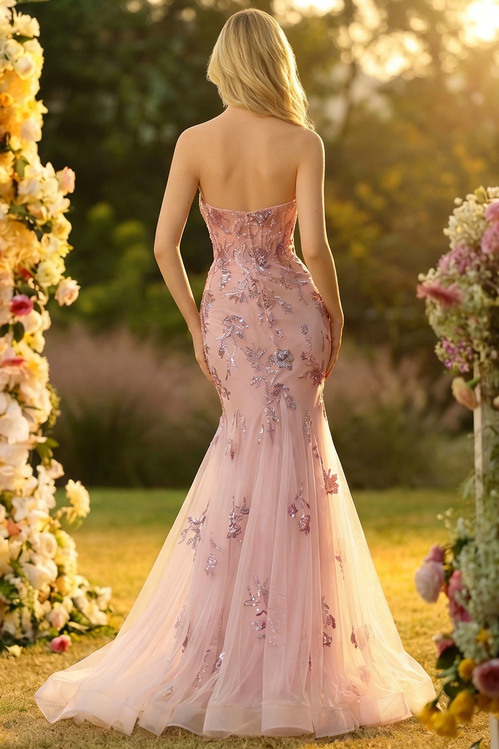 Sparkly Blush Mermaid Tulle Prom Dress with Appliques - Image 4