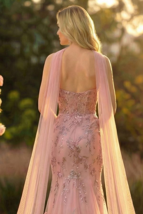 Sparkly Blush Mermaid Tulle Prom Dress with Appliques - Image 5