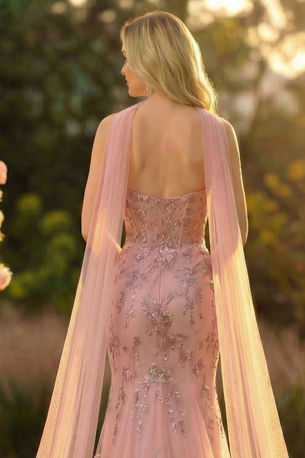 Sparkly Blush Mermaid Tulle Prom Dress with Appliques - Image 5
