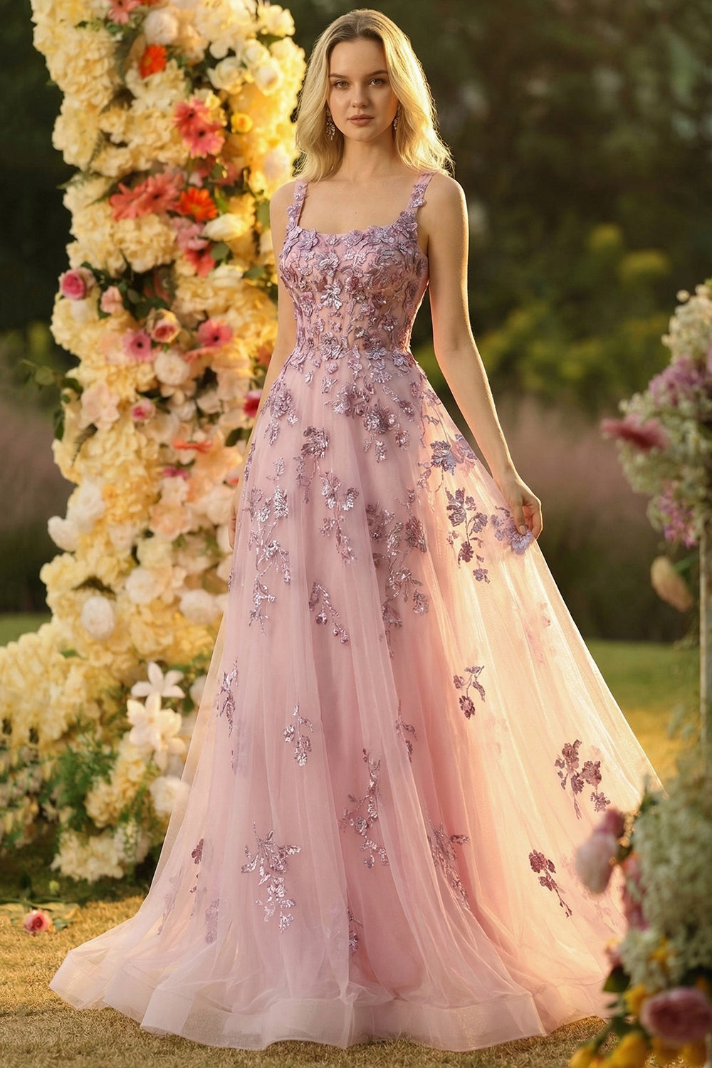 Sparkly Blush Spaghetti Straps A Line Corset Prom Dress - Image 1