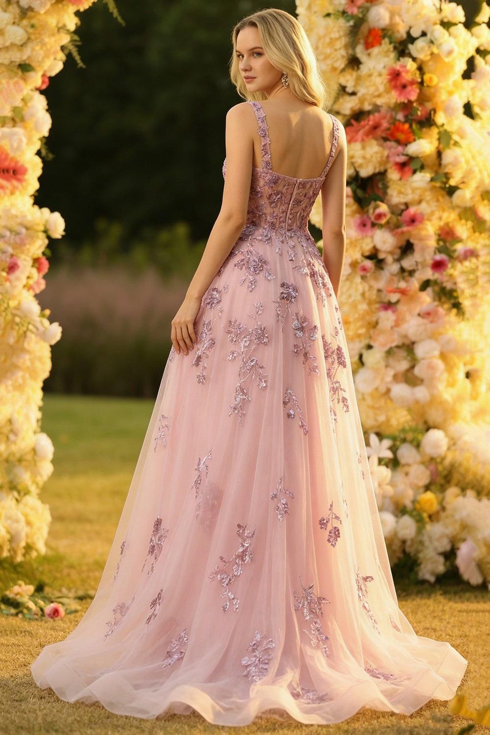 Sparkly Blush Spaghetti Straps A Line Corset Prom Dress - Image 3