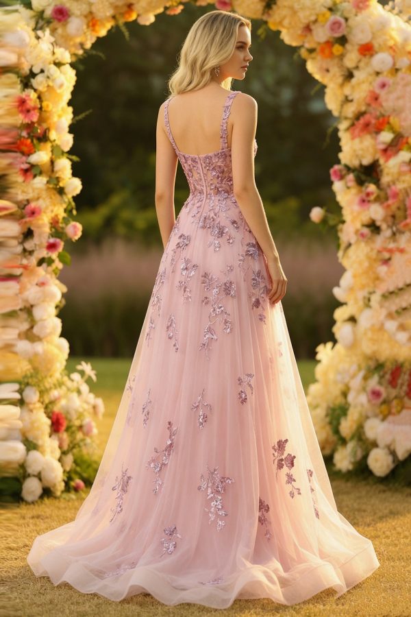 Sparkly Blush Spaghetti Straps A Line Corset Prom Dress - Image 2