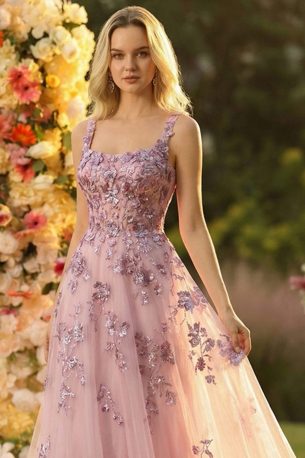 Sparkly Blush Spaghetti Straps A Line Corset Prom Dress - Image 4