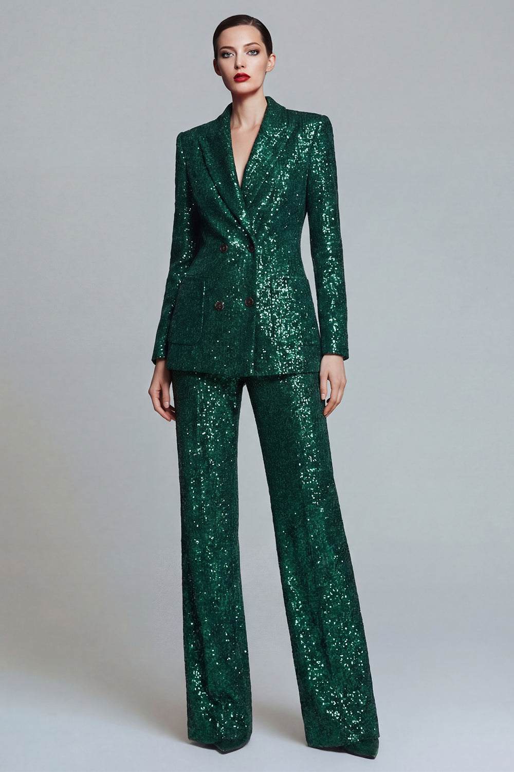 Sparkly Dark Green Peaked Lapel 2 Piece Women Prom Suits - Image 1