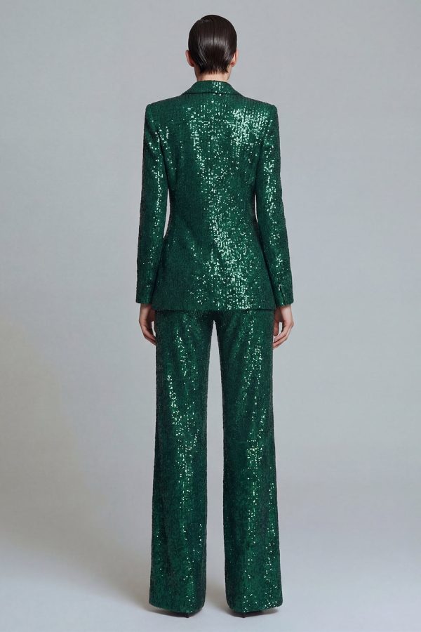 Sparkly Dark Green Peaked Lapel 2 Piece Women Prom Suits - Image 2