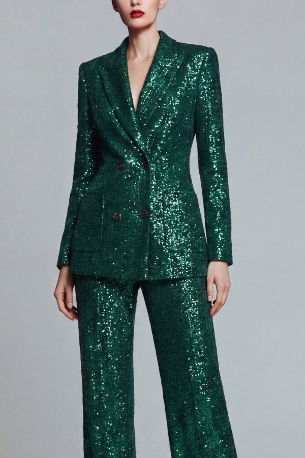 Sparkly Dark Green Peaked Lapel 2 Piece Women Prom Suits - Image 3