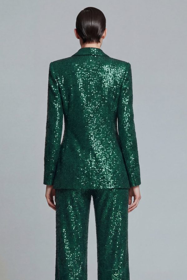 Sparkly Dark Green Peaked Lapel 2 Piece Women Prom Suits - Image 4