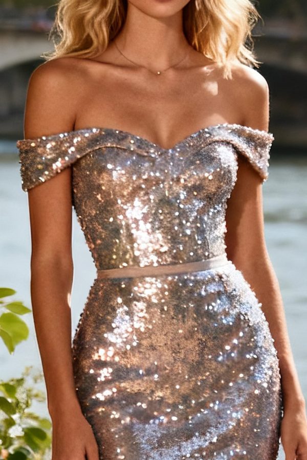 Sparkly Off The Shoulder Champagne Mermaid Prom Dress With Ruffles - Image 3