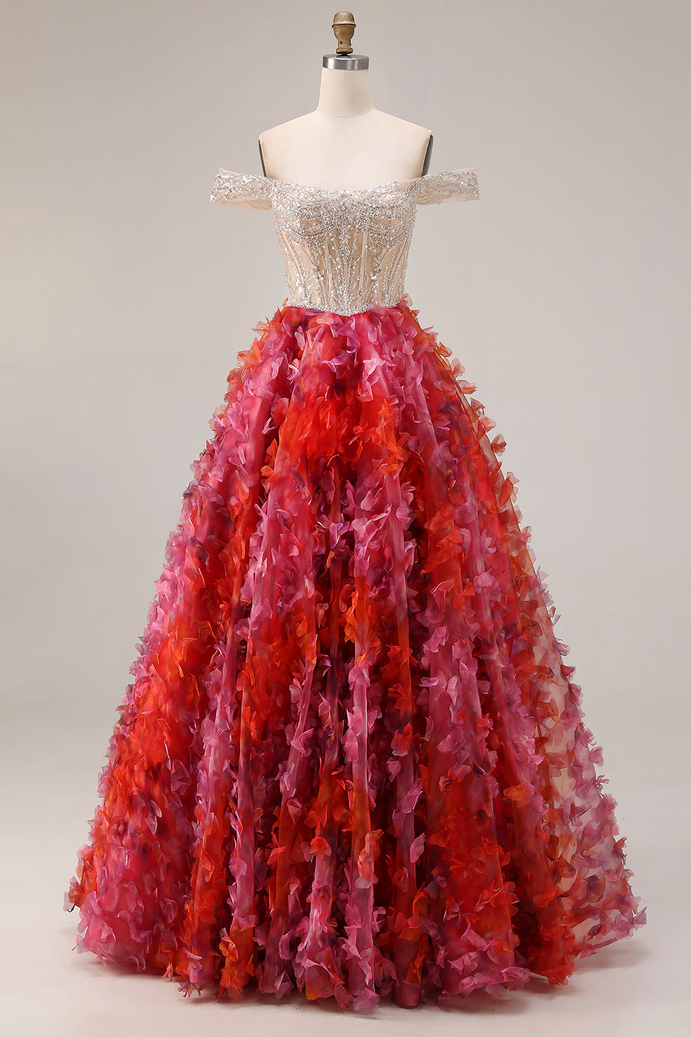 Sparkly Fuchsia Corset Off the Shoulder Prom Dress - Image 1