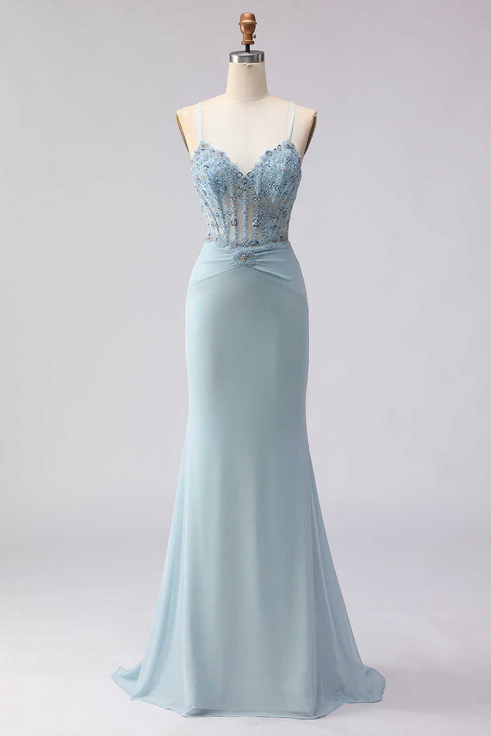Sparkly Dusty Blue Beaded Mermaid Corset Prom Dress - Image 1