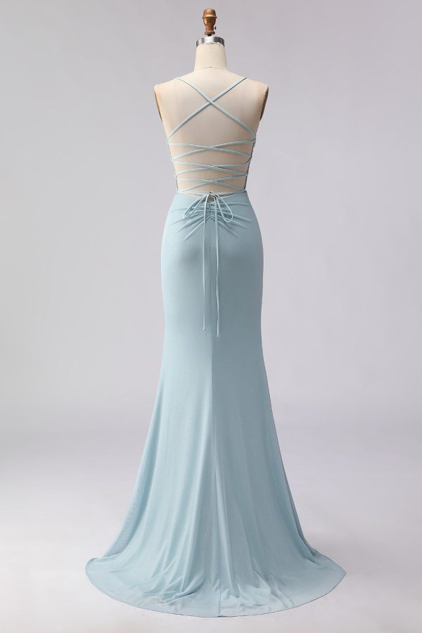 Sparkly Dusty Blue Beaded Mermaid Corset Prom Dress - Image 2