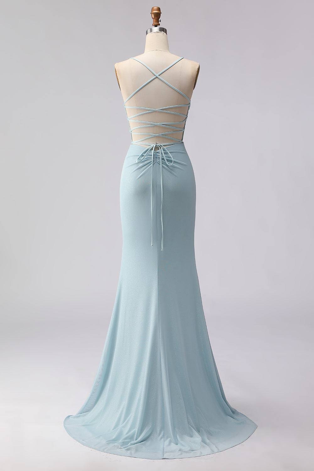 Sparkly Dusty Blue Beaded Mermaid Corset Prom Dress - Image 2