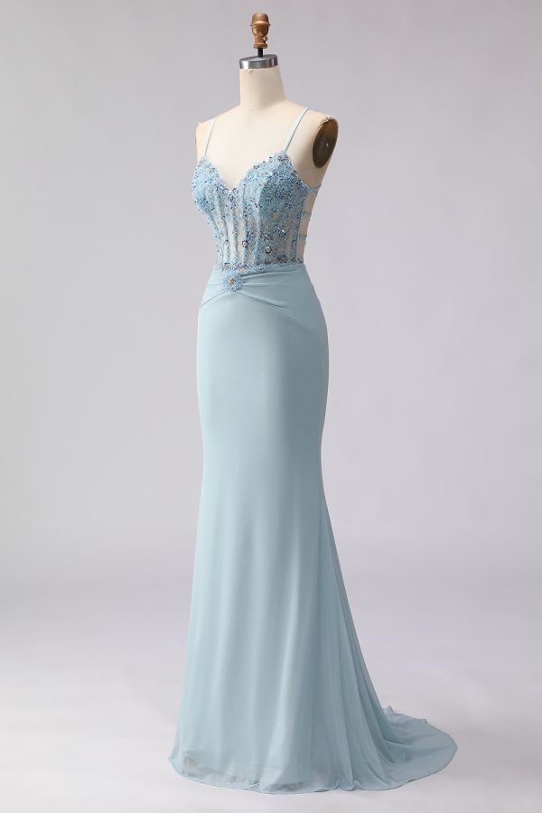 Sparkly Dusty Blue Beaded Mermaid Corset Prom Dress - Image 3