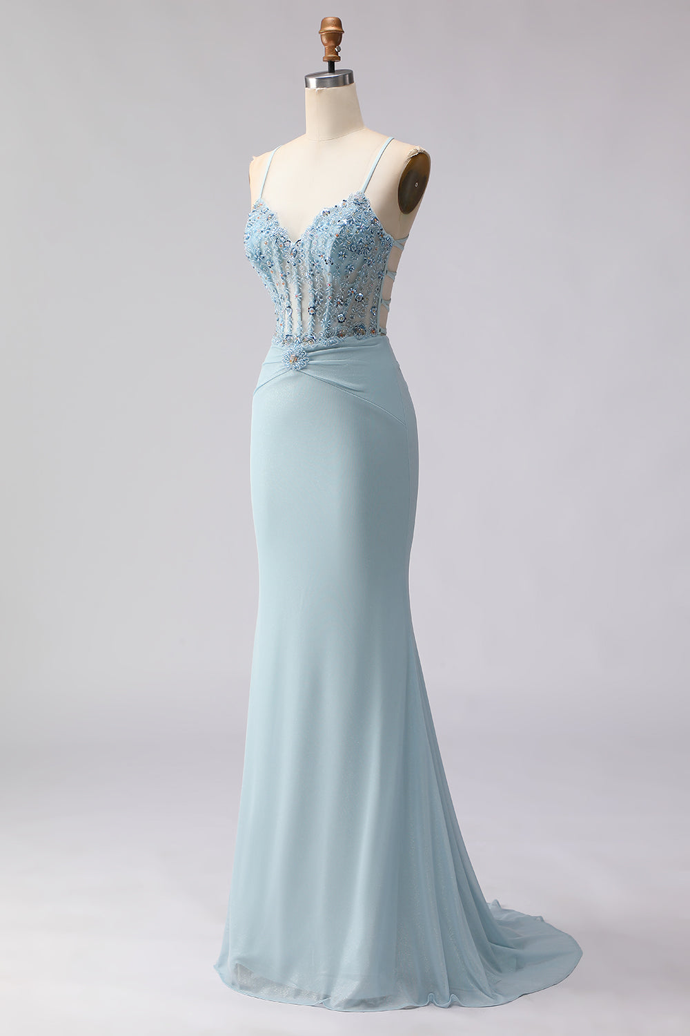 Sparkly Dusty Blue Beaded Mermaid Corset Prom Dress - Image 3