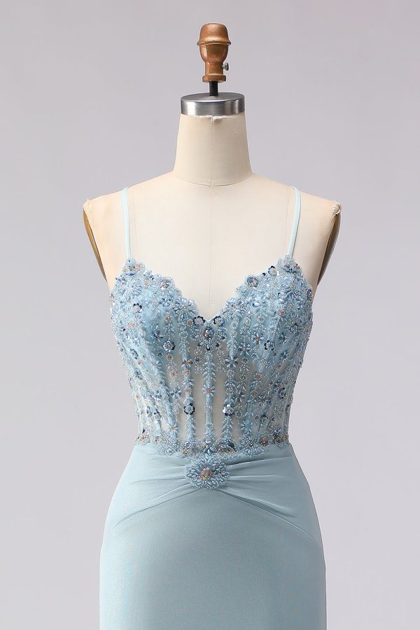 Sparkly Dusty Blue Beaded Mermaid Corset Prom Dress - Image 4