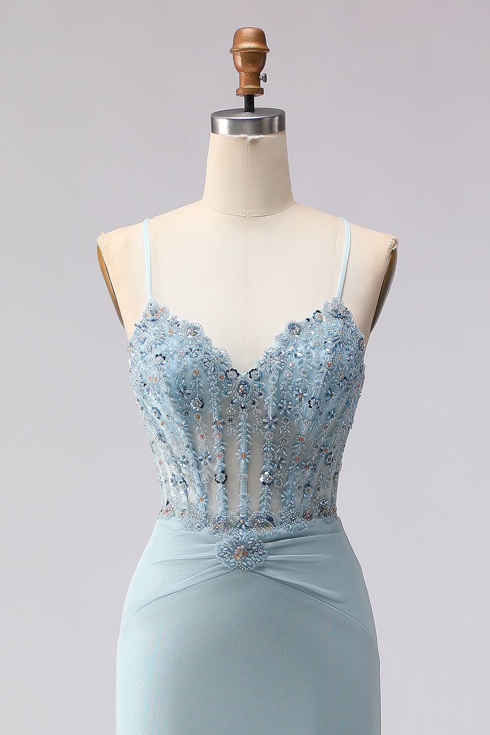 Sparkly Dusty Blue Beaded Mermaid Corset Prom Dress - Image 4