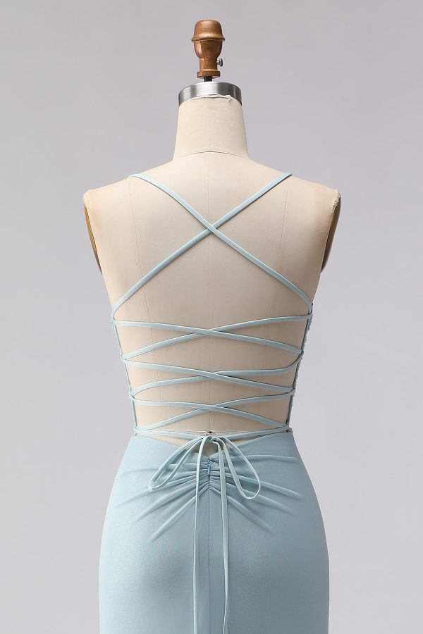 Sparkly Dusty Blue Beaded Mermaid Corset Prom Dress - Image 5