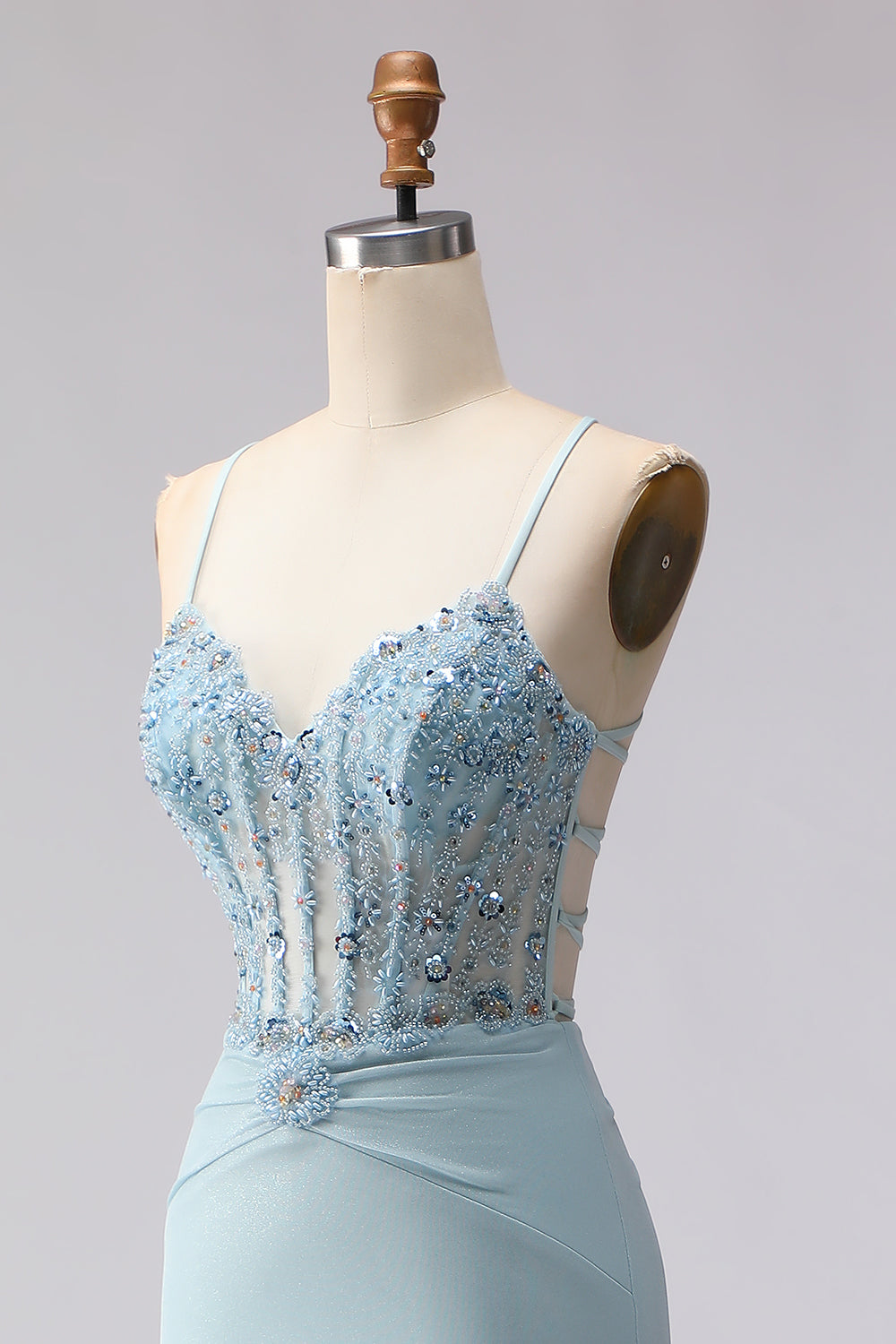 Sparkly Dusty Blue Beaded Mermaid Corset Prom Dress - Image 6