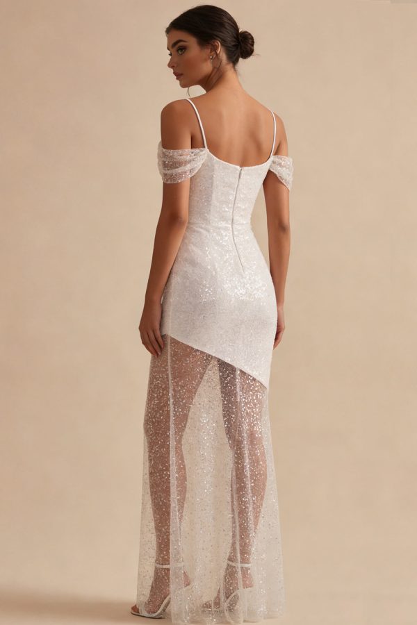 Sparkly Cold Shoulder Maxi White Dress - Image 2