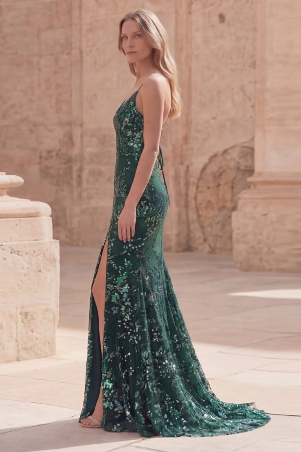 Sparkly Dark Green Mermaid Appliqued Maxi Prom Dress with Slit - Image 3
