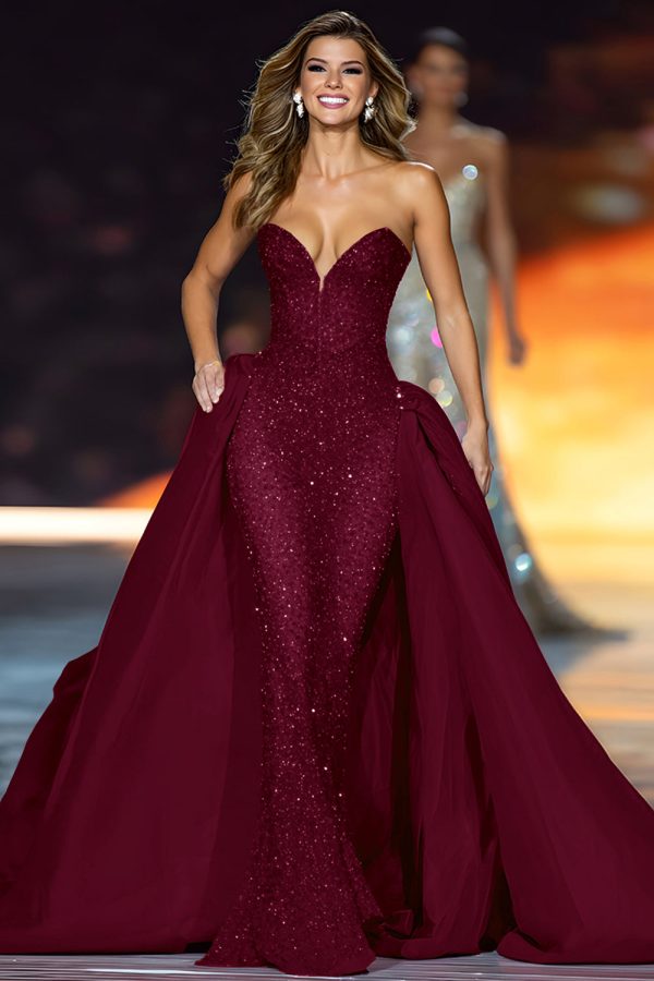 Sparkly Dark Red Mermaid Strapless Pageant Dress - Image 4