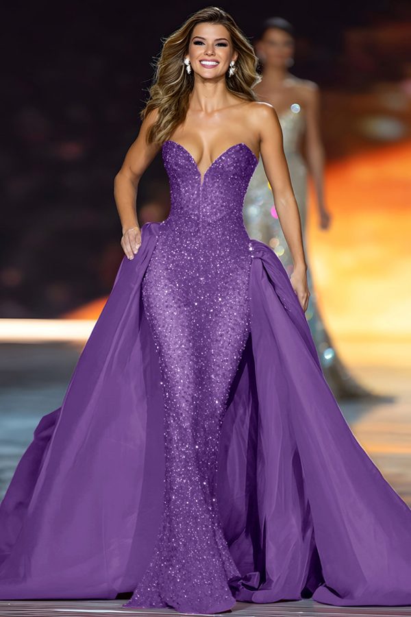 Sparkly Dark Red Mermaid Strapless Pageant Dress - Image 5
