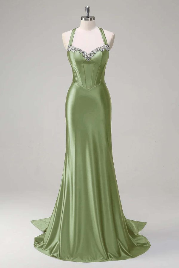 Sparkly Dark Green Mermaid Halter Corset Sequin Prom Dress - Image 19