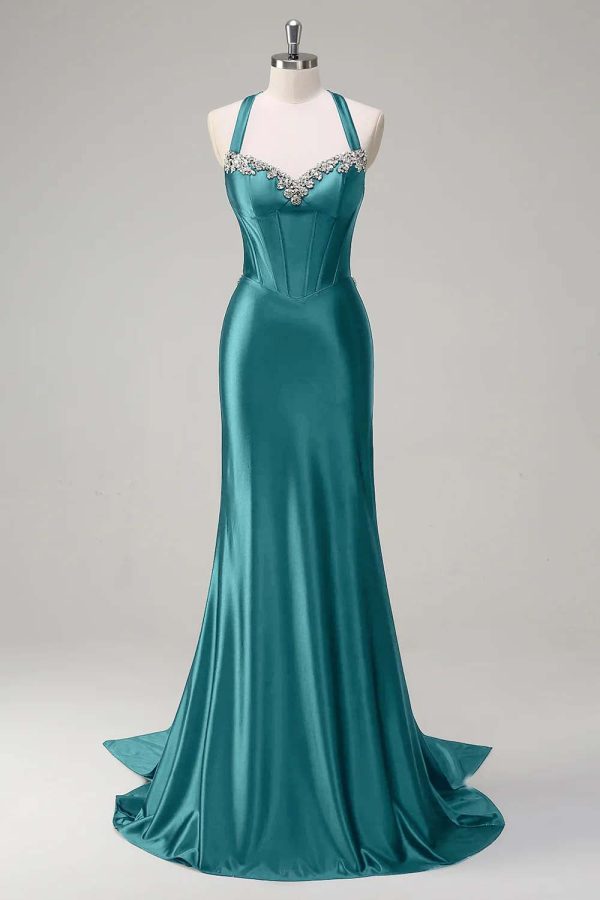 Sparkly Dark Green Mermaid Halter Corset Sequin Prom Dress - Image 21