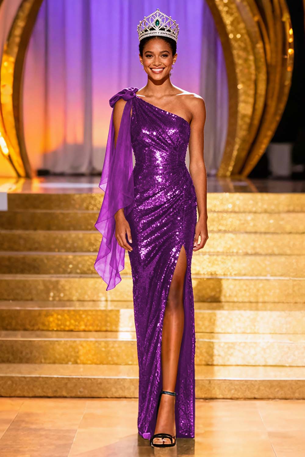 Sparkly Dark Green Sheath One Shoulder Pageant Dress With Slit - Image 12