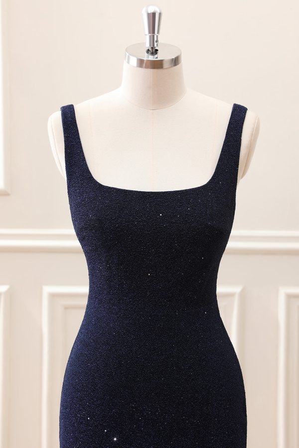 Sparkly Dark Blue Square Neck Bodycon Mini Dress With Slit - Image 4
