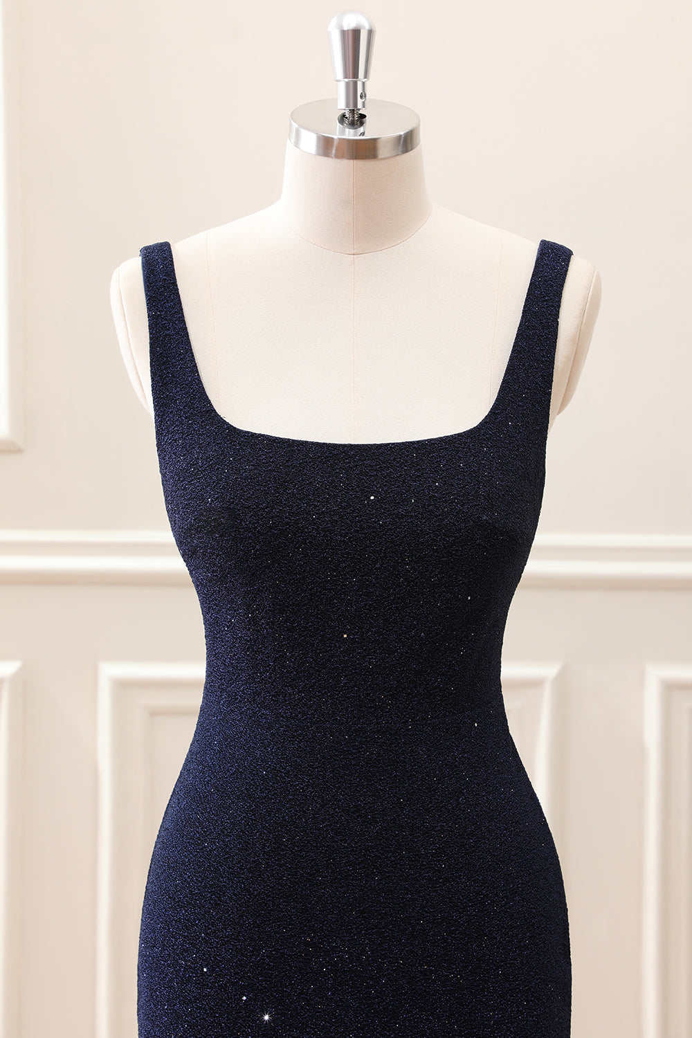Sparkly Dark Blue Square Neck Bodycon Mini Dress With Slit - Image 4