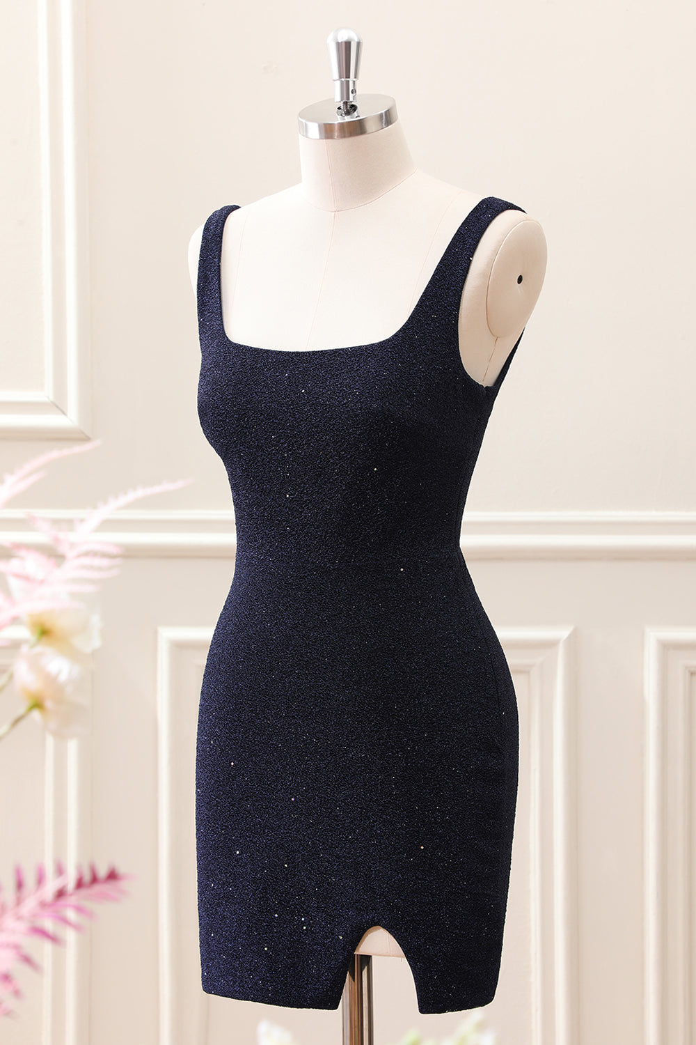 Sparkly Dark Blue Square Neck Bodycon Mini Dress With Slit - Image 3