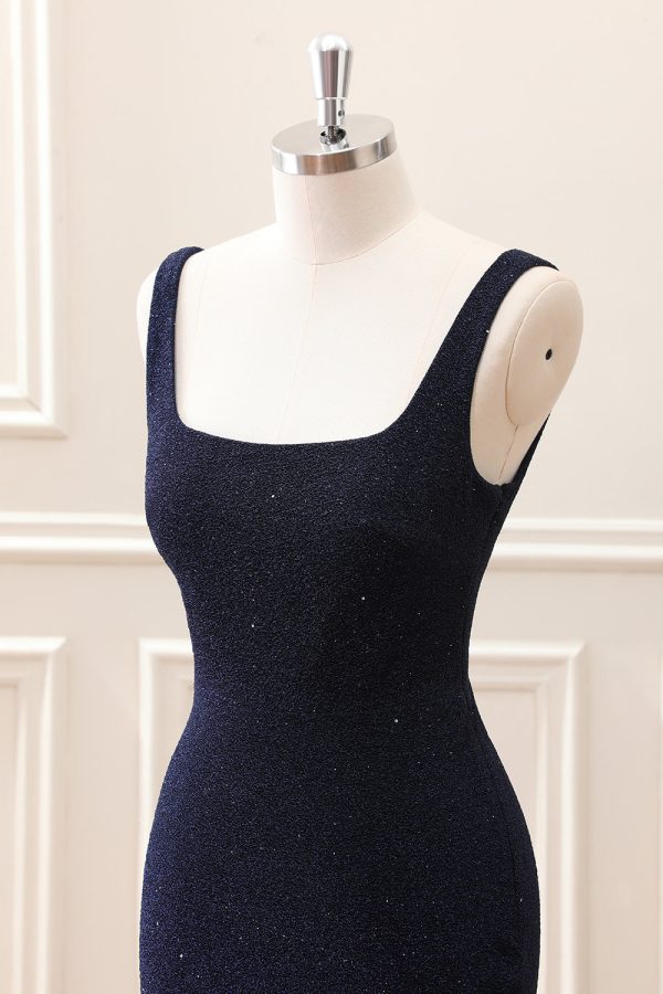 Sparkly Dark Blue Square Neck Bodycon Mini Dress With Slit - Image 5